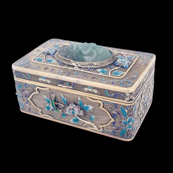 SILVER GILT AND ENAMEL BOX WITH JADE