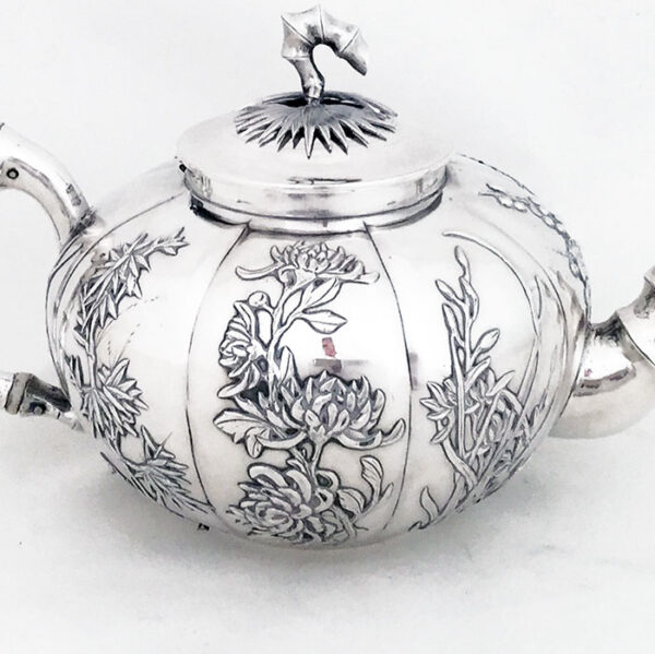 CHINESE EXPORT SILVER MELON SHAPED TEA SET - Image 6